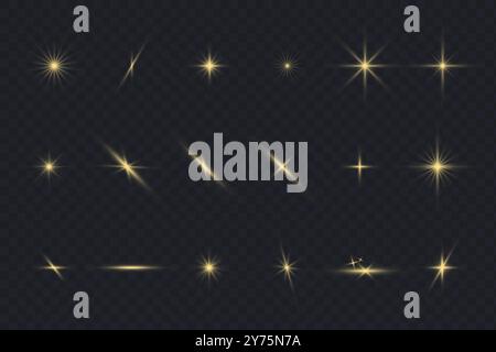 Glare stars set on black. Light flashes. Vector transparent elements with glow effect Stock Vector