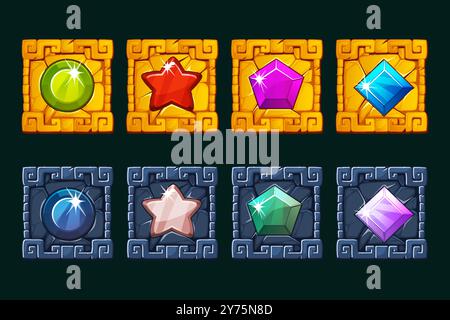 Aztec Gems stone and golden APP icons. Four Gemstones icons for slots or UI games. Bright precious treasure gemstones in golden and stone frame. Shiny Stock Vector