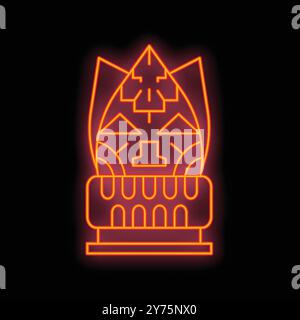 Glowing neon line icon of a mexican mayan or aztec mask, isolated on a black background Stock Vector