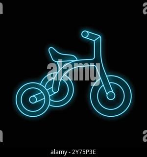 Blue neon sign in the shape of a children's tricycle is glowing on a black background Stock Vector