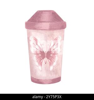 Paper coffee cup with butterfly. Hand drawn watercolor illustration isolated. Eco-friendly disposable tableware from recyclable material. Plastic Stock Photo