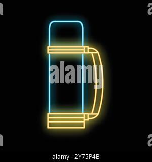 Glowing neon line thermos icon isolated on black background Stock Vector