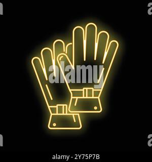 Neon sign of a pair of work gloves glowing yellow on a black background Stock Vector