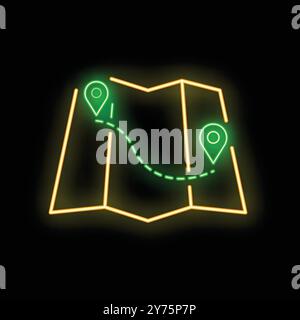 Neon sign showing a map with a dotted line showing a route between two points marked with location pins, on a black background Stock Vector
