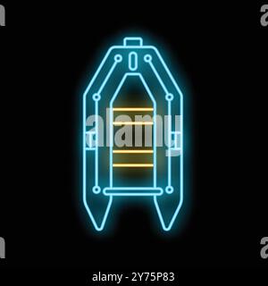 Blue and yellow neon sign is depicting an inflatable boat on a black background Stock Vector