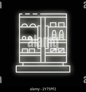 White neon refrigerator icon with food on shelves on a black background, great for representing concepts like food, drinks, groceries, home appliances, kitchen appliances, and more Stock Vector