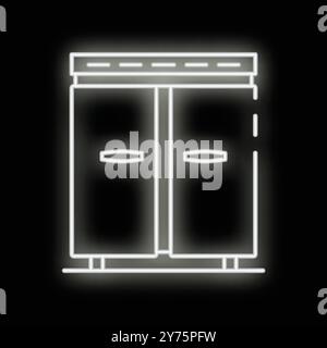 White glowing neon line refrigerator with freezer icon isolated on black background Stock Vector