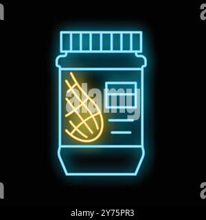 Glowing neon line peanut butter jar icon isolated on black background Stock Vector