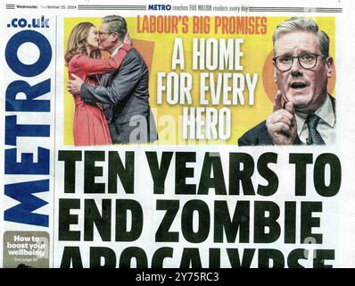 Front cover of the Metro newspaper published on September 25, 2024. Launched in March 1999, the free morning newspaper is distributed throughout the UK. Stock Photo