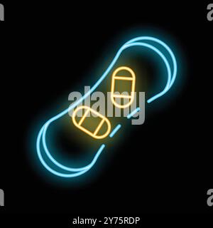 Blue and yellow neon sign representing a snowboard, on a black background Stock Vector