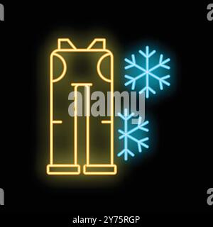 Glowing neon line icon representing winter pants, isolated on black background with snowflakes Stock Vector