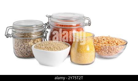 Different types of cereals and legumes isolated on white Stock Photo