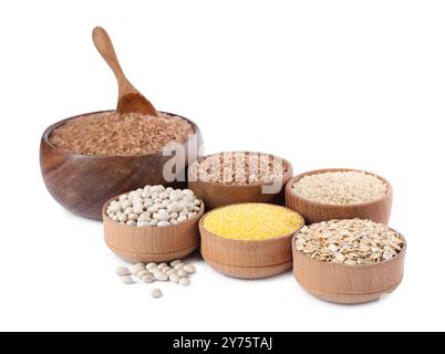 Different types of cereals and legumes isolated on white Stock Photo