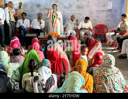 Gurugram, India. 27th Sep, 2024. GURUGRAM, INDIA - SEPTEMBER 27: Pearl Choudhary, Congress candidate for Pataudi seat Haryana Assembly Election meet people at a village during the election campaign in Pataudi on September 27, 2024 near Gurugram, India. (Photo by Parveen Kumar/Hindustan Times/Sipa USA) Credit: Sipa USA/Alamy Live News Stock Photo