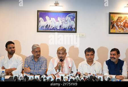 Gurugram, India. 27th Sep, 2024. GURUGRAM, INDIA - SEPTEMBER 27: Pramod Tiwari, Congress MP Rajya Sabha, Sukhbir Kataria, Ex Minister and Pankaj Dawar, Media coordinator address a press conference about the Haryana Assembly Election in a Hotel at Rajiv chowk near District Court on September 27, 2024 near Gurugram, India. (Photo by Parveen Kumar/Hindustan Times/Sipa USA) Credit: Sipa USA/Alamy Live News Stock Photo