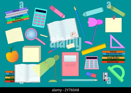 Vector illustration of various back to school supplies, including books, calculators, and stationery, perfect for educational projects. Stock Vector