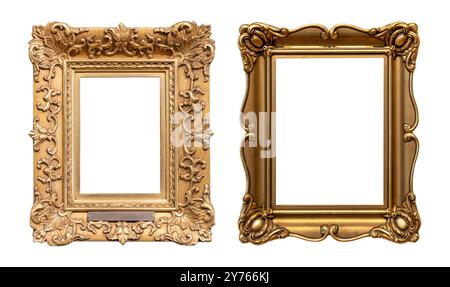 Two blank empty old fashioned antique gold fancy ornamental painting frames cut out, stylish classical vertical golden picture photo frames isolated o Stock Photo