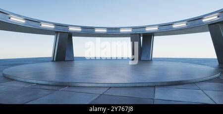 Car podium. Hangar with metal tiles. Industrial background. Futuristic corridor with tiles. Dark empty warehouse with podium. Futuristic warehouse. 3d Stock Photo