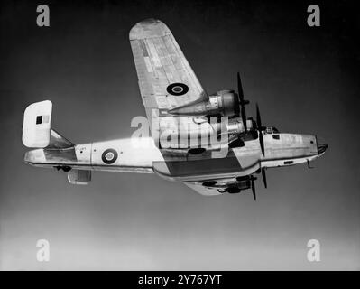 The Handley Page Halifax, a British Royal Air Force (RAF) four-engined heavy bomber of the Second World War. It performed its first flight in October 1939, and entered service with the RAF in November 1940 with production continuing until April 1945. It quickly became a major component of Bomber Command, performing strategic bombing missions against the Axis Powers, primarily at night. Stock Photo