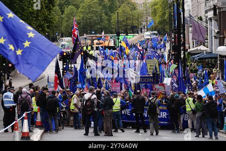 People take part in a National Rejoin March in central London. The protest is in support of the UK re-joining the European Union. Picture date: Saturday September 28, 2024. Stock Photo