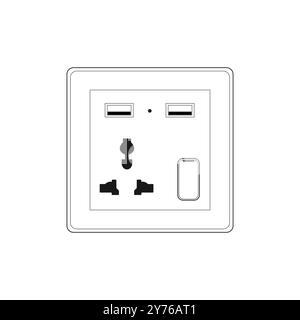 International Universal Socket Multi-Function 3 Holes Plug Outlet Panel Wall Power Socket with Dual Usb with Switch, Outline style Vector illustration Stock Vector