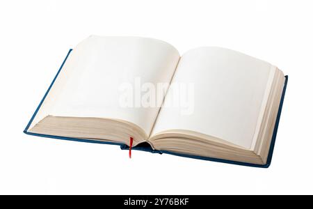 Simple blue thick book spread open with empty white blank empty pages, mockup template for own text images, angle, nobody, isolated cut out. Education Stock Photo