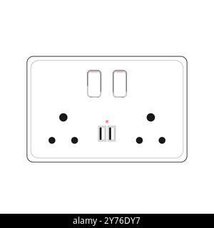 Power plug double Socket Outlet type K with switch and usb port, Outline style Vector illustration Stock Vector