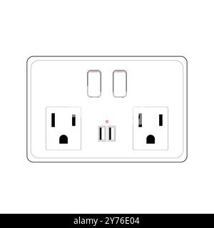 Double US smart plug with switch and usb port, vector concept icon in thin line style Stock Vector