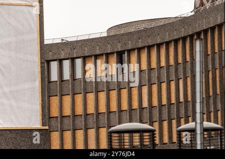 Oslo, Norway - July 22 2012: Boarded up windows at Regjeringskvartalet after the 2011 bombing. Stock Photo