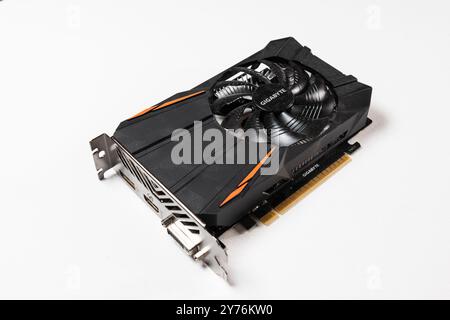 Gothenburg, Sweden - March 04 2023: Gigabyte Nvidia GTX 1050 Yi 4GB graphics crd GPU on white background. Stock Photo