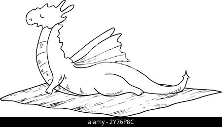 Cute dragon with wings doing stretching on Pilates foam carpet monochrome flat isolated illustration painted by black inks. Animal practicing fitness Stock Vector