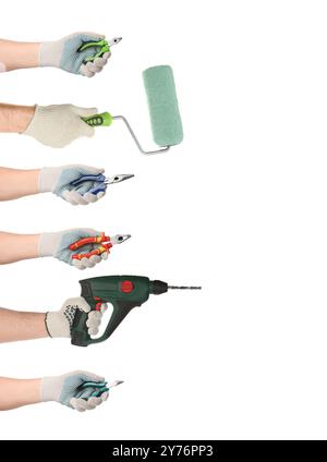 Hands of people with different tools isolated on white Stock Photo