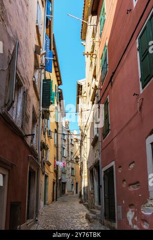 Wander through a picturesque alleyway in Rovinj, Croatia, lined with vibrantly painted buildings and charming historic features. This hidden gem invites exploration beneath the bright sky. Stock Photo