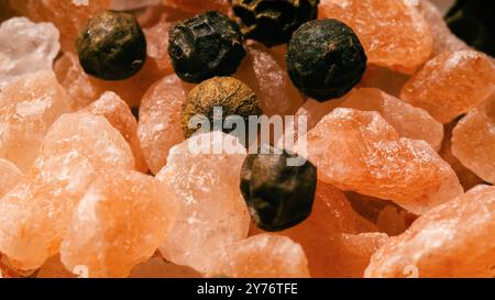 Salt and pepper closeup, spice, texture, macro view Stock Photo