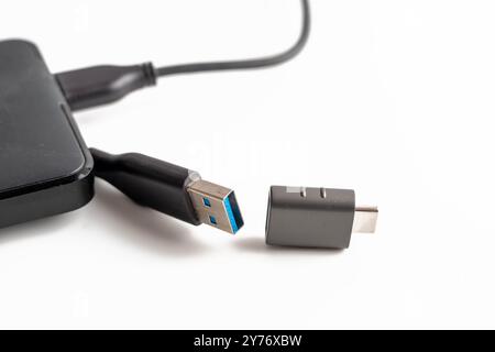 USB type B male conector and USB type C female connector device adaptor Stock Photo