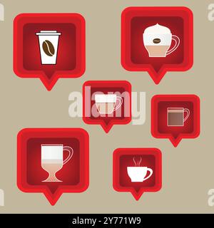 Six red speech bubbles with different coffee types Stock Vector
