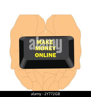 Hands holding a keyboard button with the text make money online Stock Vector