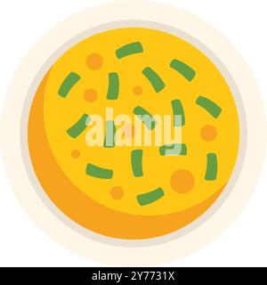 Simple illustration of a bowl containing yellow soup and green herbs, shown from above Stock Vector