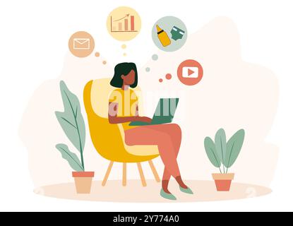 Illustration of a mom sitting in a chair working on a laptop with various thought bubbles depicting multitasking in business and family duties. Light Stock Vector