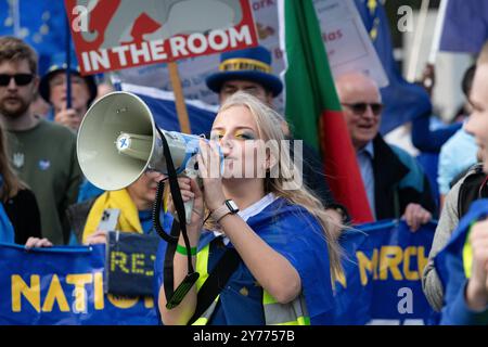 London, UK. 28 September, 2024. Thousands march from Park Lane to a rally in Parliament Square in the third National Rejoin March calling for the United Kingdom to rejoin the European Union. The UK officially left the EU in January 2020 following a referendum, held in 2016, in which 51.89% voted to leave. Many polls in 2024 now show a majority wish to rejoin but both of the biggest political parties have rejected it. Credit: Ron Fassbender/Alamy Live News Stock Photo