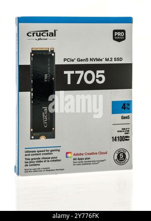 Winneconne, WI - 22 June 2024: A package of Crucial T705 PCIe gen5 nvme ssd on an isolated background. Stock Photo