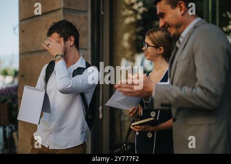 Business professionals meeting outdoors with documents and discussing sales strategies, analyzing growth in a collaborative environment, showcasing Stock Photo