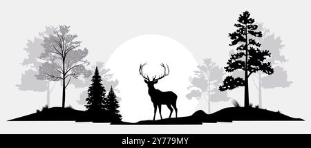 Silhouette of a deer and trees. Deer in a forest landscape. Deer against the background of the forest and the sun. Stock Vector