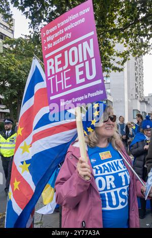 London, UK. 28 Sep 2024. Several thousands came to Park Lane for the third grassroots National Rejoin March aiming to put rejoining Europe back on the political agenda and to keep it there until we are back in Europe. The marched behind a banner 'WE WANT OUR STAR BACK' from there to a rally in Parliament Square. Peter Marshall/Alamy Live News Stock Photo