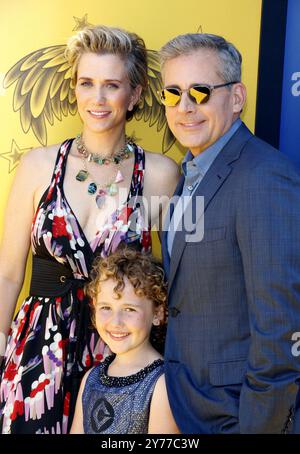 Nev Scharrel, Kristen Wiig and Steve Carell at the World premiere of 'Despicable Me 3' held at the Shrine Auditorium in Los Angeles, USA on June 24, 2017. Stock Photo