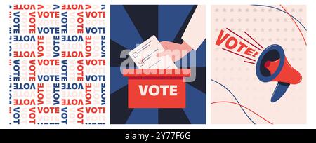 Election 2024 posters set. Vote posters in flat style. Element of elections. Democracy vote concept. Vector illustration Stock Vector