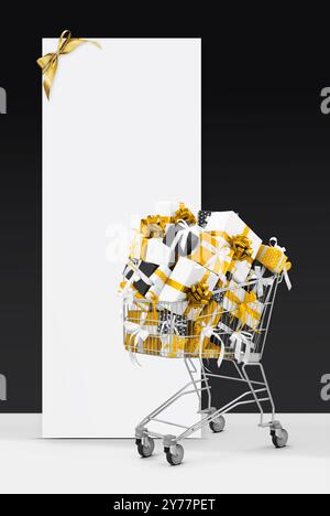 Black Friday Shopping trolley filled with gift boxes adorned with golden ribbons bows, isolated with blank gift card with copy space. Banner for sales Stock Photo