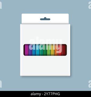 Colorful pencil box mockup icon set in flat style. Crayon vector illustration on isolated background. Drawing equipment sign business concept. Stock Vector