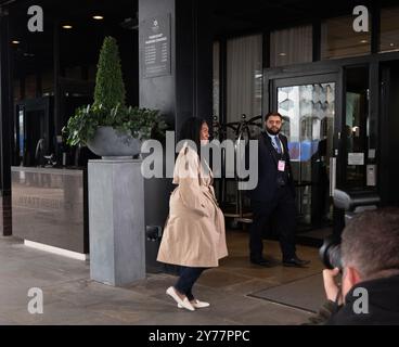 Birmingham, UK. 28th Sep, 2024. Kemi Badenoch arrives at the Hyatt Hotel Birmingham where the conservative leadership contenders are arriving today ahead of the Conservative Conference. Rishi Sunak arrived also, with his wife Akshata Murty,  for what will be his last conference as leader. Birmingham UK. Picture: garyroberts/worldwidefeatures.com Credit: GaryRobertsphotography/Alamy Live News Stock Photo