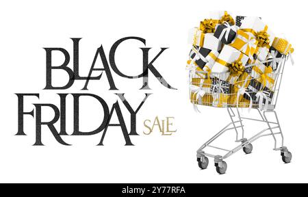 Black Friday Shopping trolley filled with black and white gift boxes adorned with ribbons, isolated on white background with text written. Banner for Stock Photo
